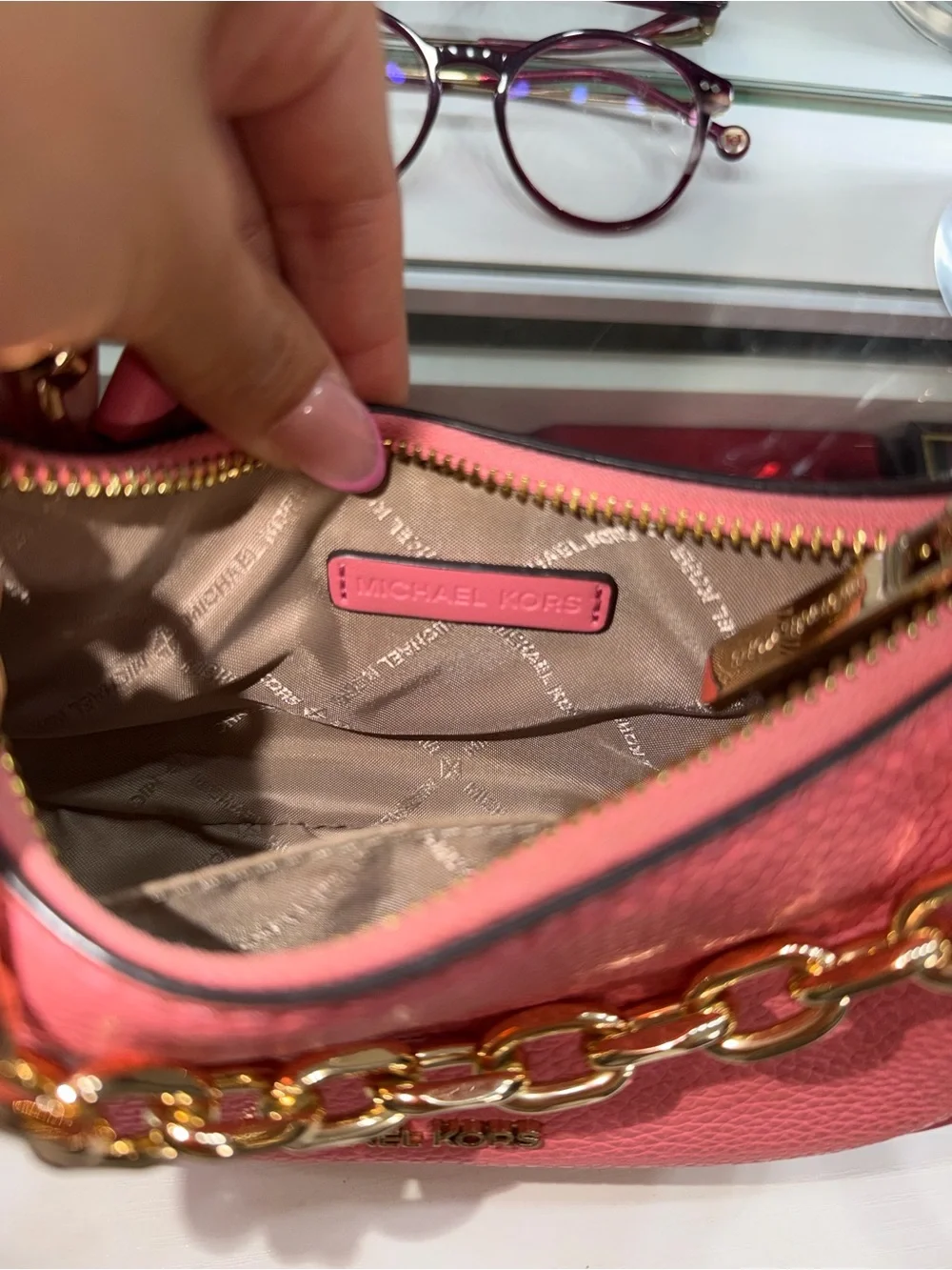 Michael Kors Pink Pebble Leather Shoulder Bag with Gold Chain Strap